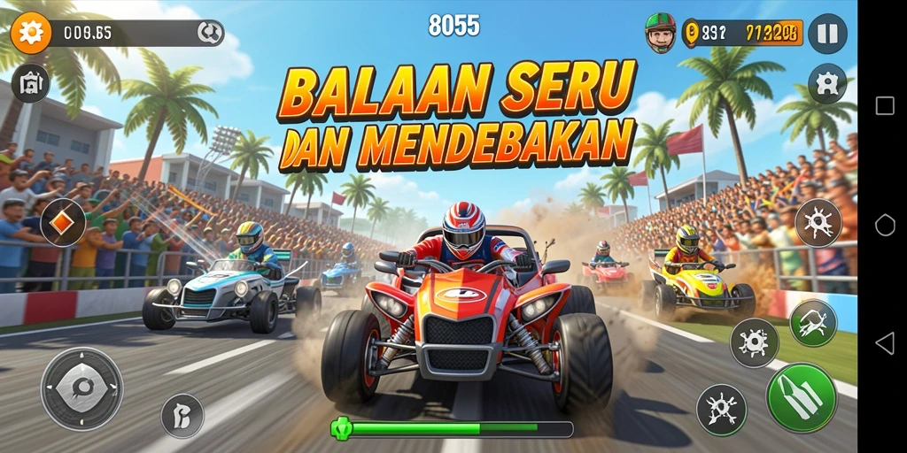 Tangkapan layar gameplay 8055 yang menunjukkan balapan seru di trek.