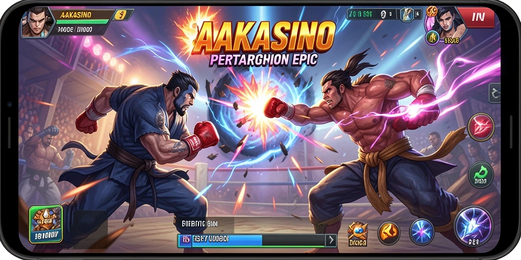 Gameplay AAKASINO yang menegangkan dengan pertarungan seru antar karakter.