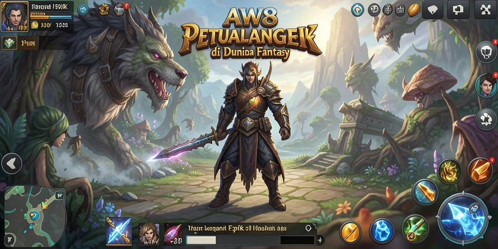 Screenshot AW8 menampilkan karakter dalam pertempuran epik melawan monster.