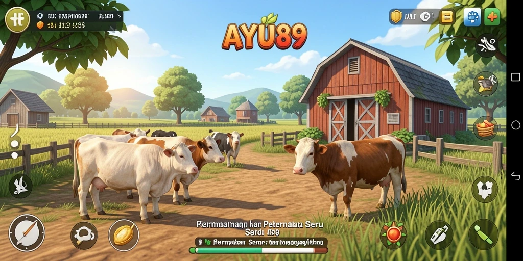 Screenshot utama AYU89 menampilkan aktivitas bertani yang menarik.