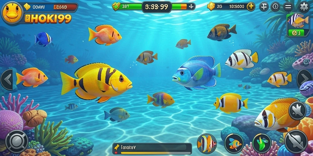Screenshot gameplay HOKI99 menunjukkan aksi menembak ikan yang seru.