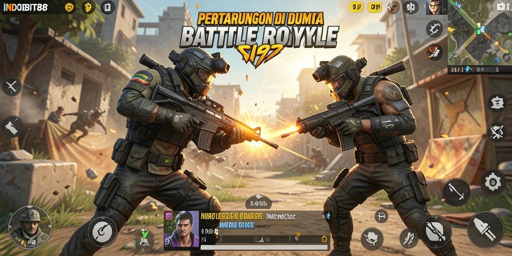 Tampilan gameplay seru di dunia Battle Royale INDOBIT88.