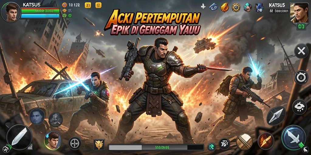 Menampilkan aksi mendebarkan dari game KATSU5 dengan karakter bertempur.