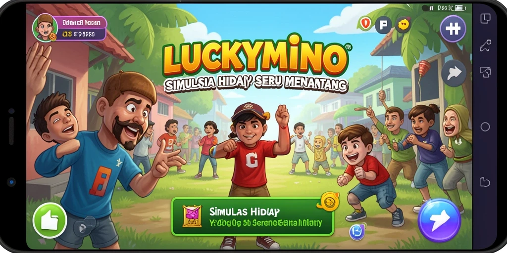 Tampilan gameplay LUCKYMINO dengan karakter yang sedang menjelajahi dunia virtual.