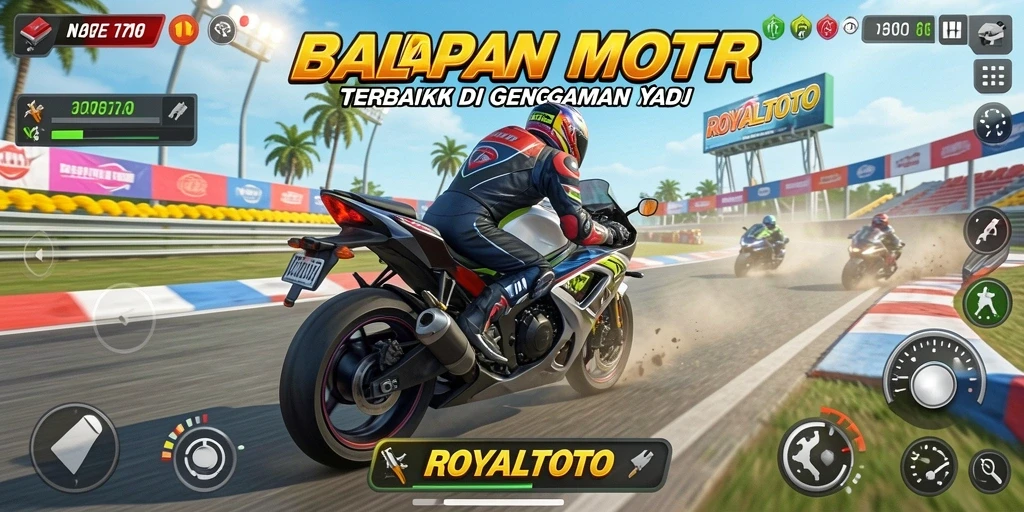 Tangkapan layar menampilkan aksi balapan motor yang seru dalam ROYALTOTO.