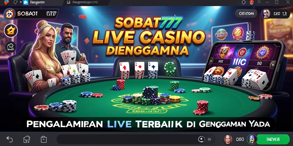 Screenshot gameplay SOBAT777 dengan dealer profesional dan suasana kasino yang hidup.