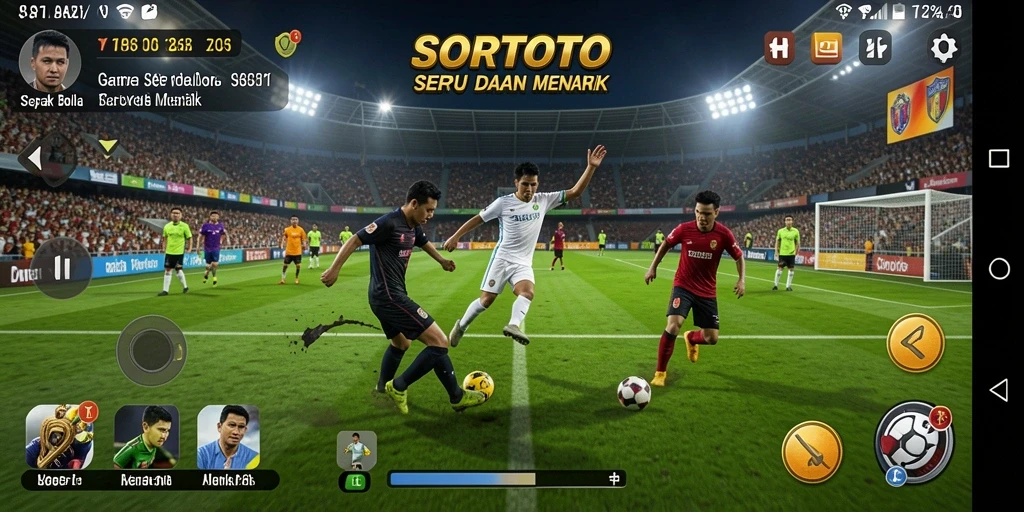 Screenshot SORTOTO menampilkan aksi seru di lapangan sepak bola.
