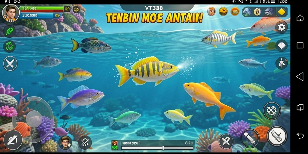 Tampilan gameplay VT38 saat menembak ikan-ikan berwarna-warni.